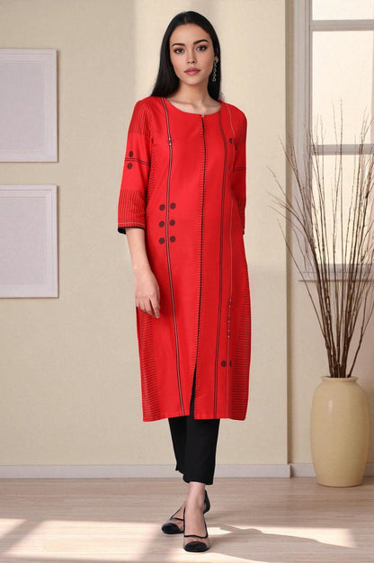 Red Geometric Print Straight kurta in Boat Neck