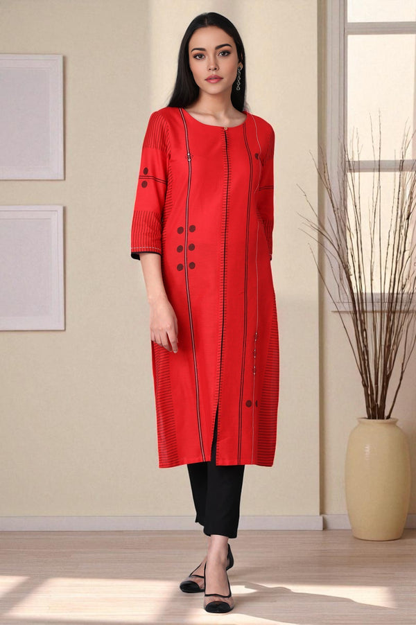 Red Geometric Print Straight kurta in Boat Neck