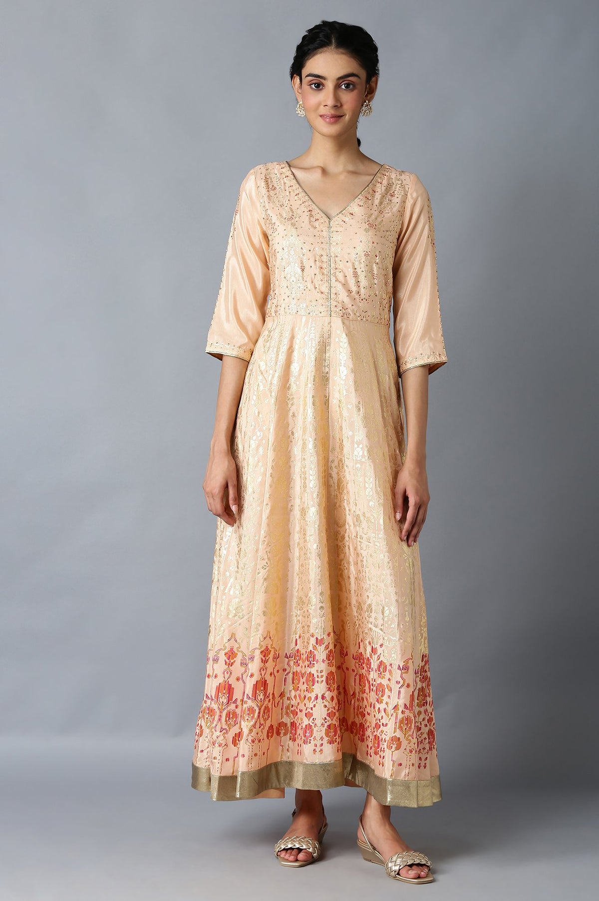 Peach Floral Printed Long Flared Dress - XS
