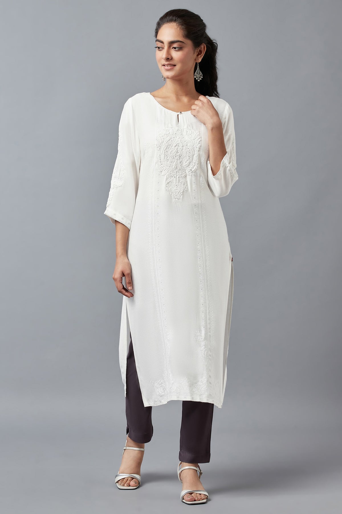 Ecru Printed kurta with Embroidery - XS