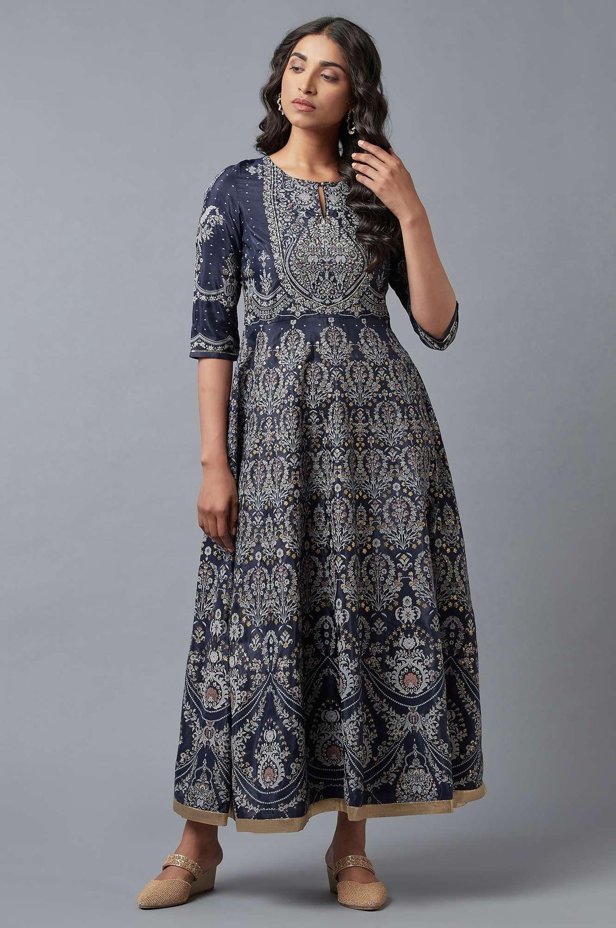 Dark Blue Floral Print Indie Dress - XS