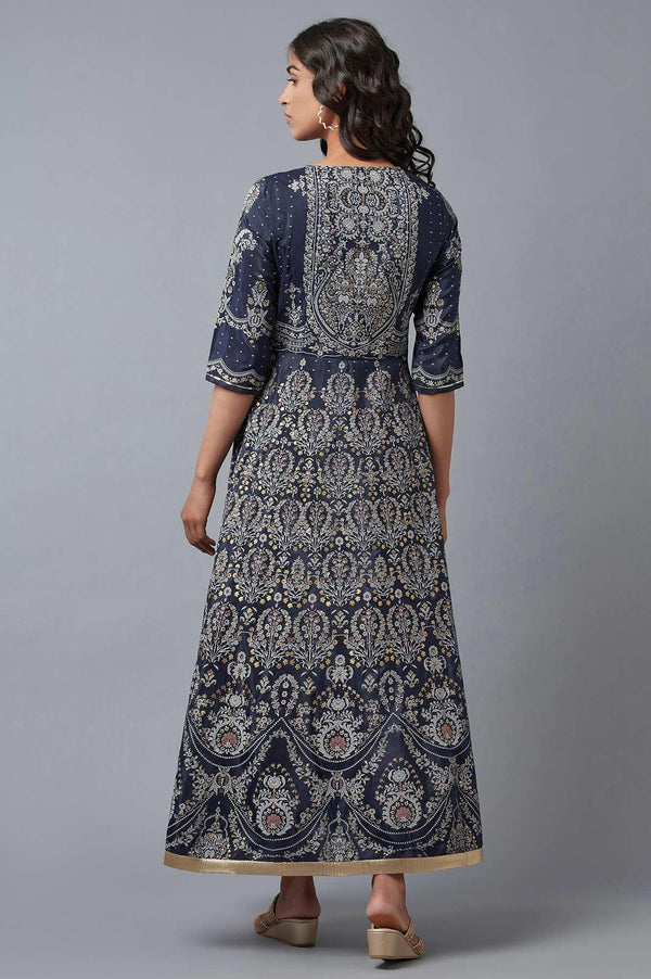 Dark Blue Floral Print Indie Dress