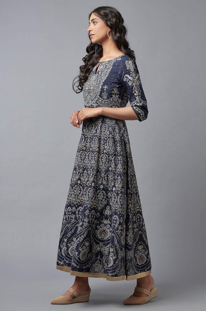 Dark Blue Floral Print Indie Dress - wforwoman