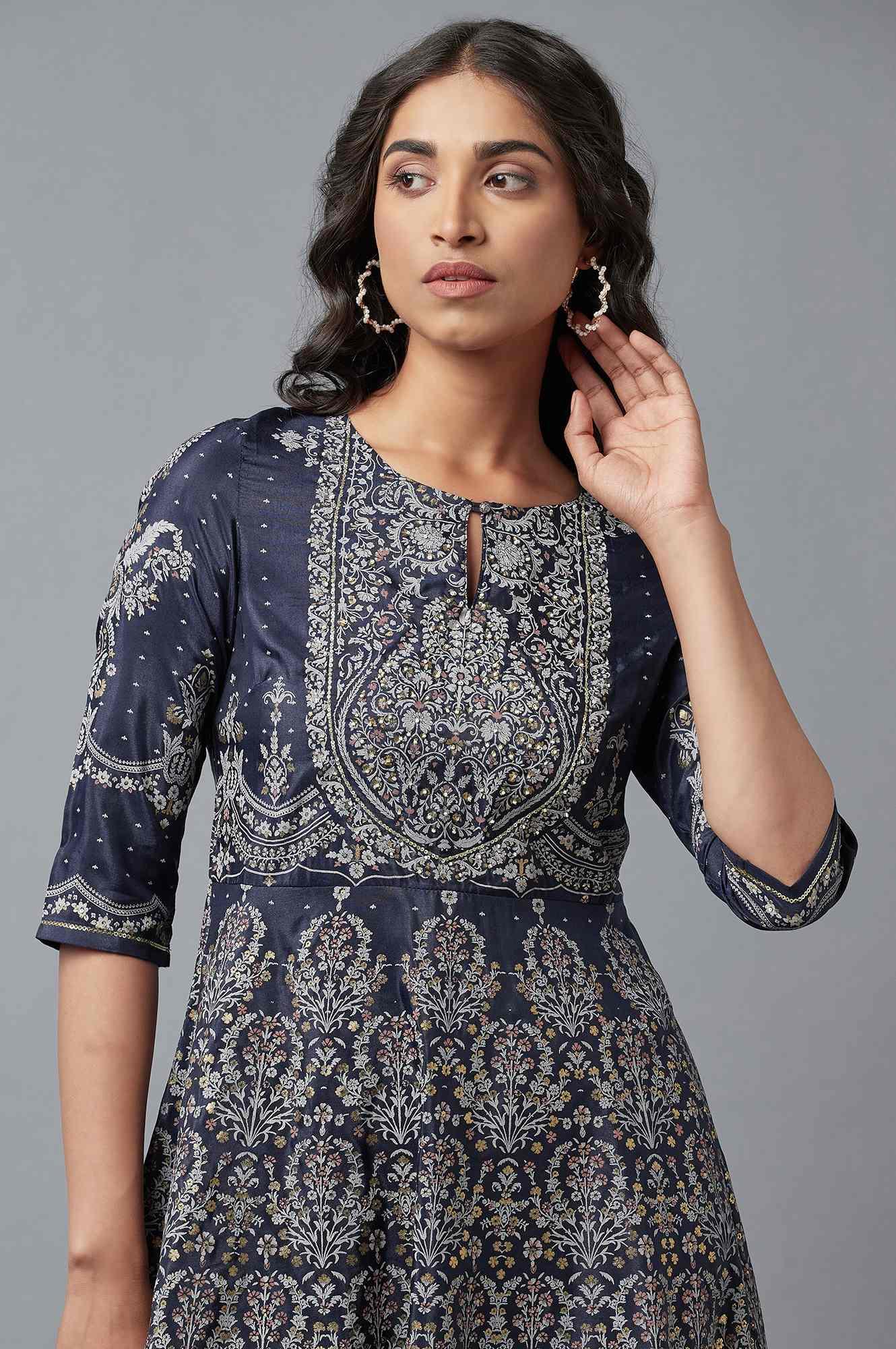 Dark Blue Floral Print Indie Dress - wforwoman