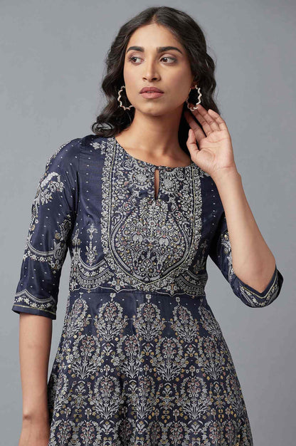 Dark Blue Floral Print Indie Dress - wforwoman