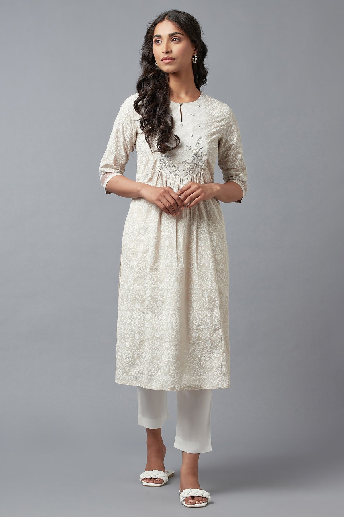 Ecru Printed kurta With Embroidery - XS