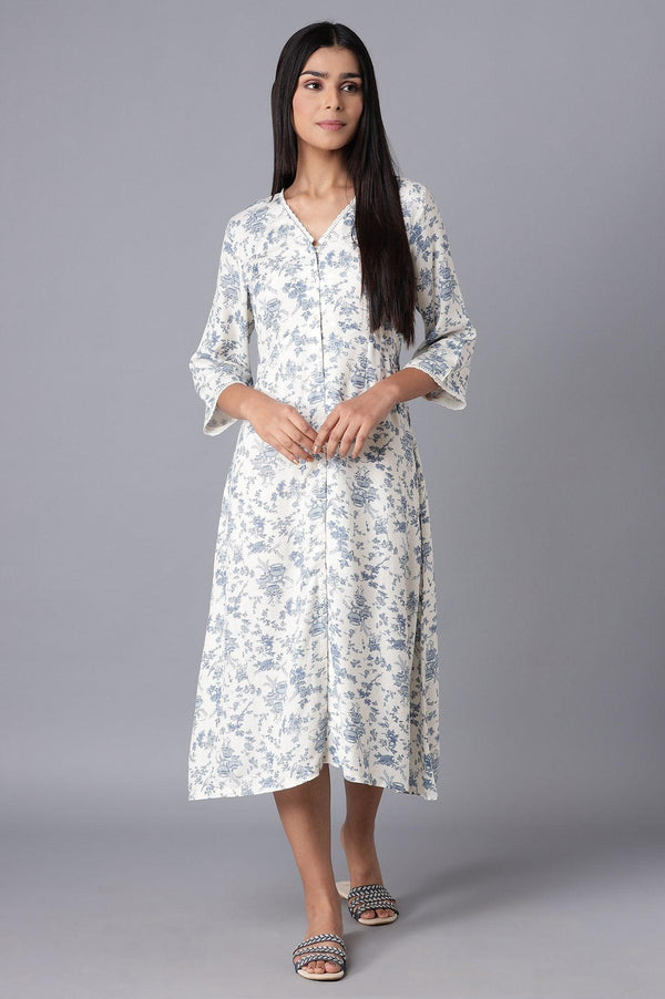 White Cotton Midi Dress with Blue Print