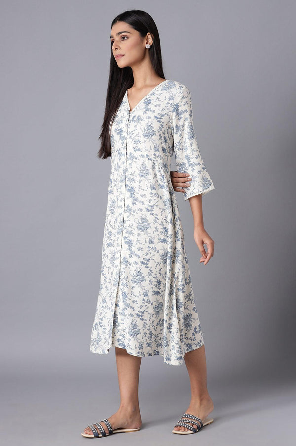 White Cotton Midi Dress with Blue Print