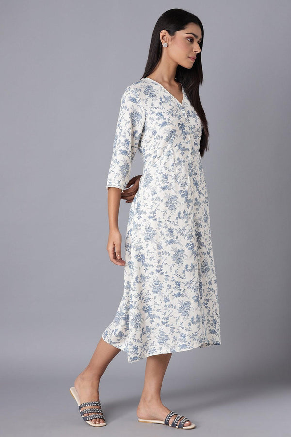 White Cotton Midi Dress with Blue Print