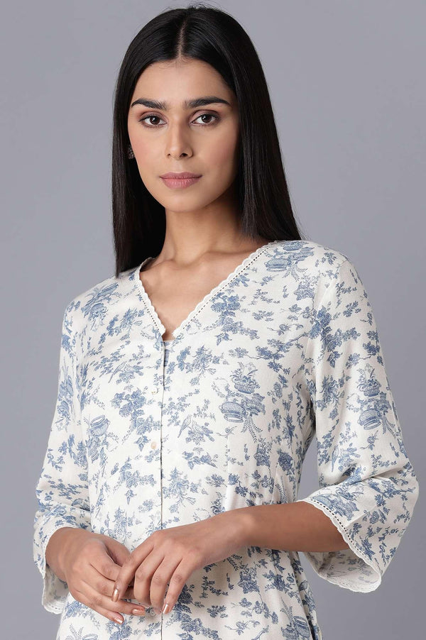 White Cotton Midi Dress with Blue Print