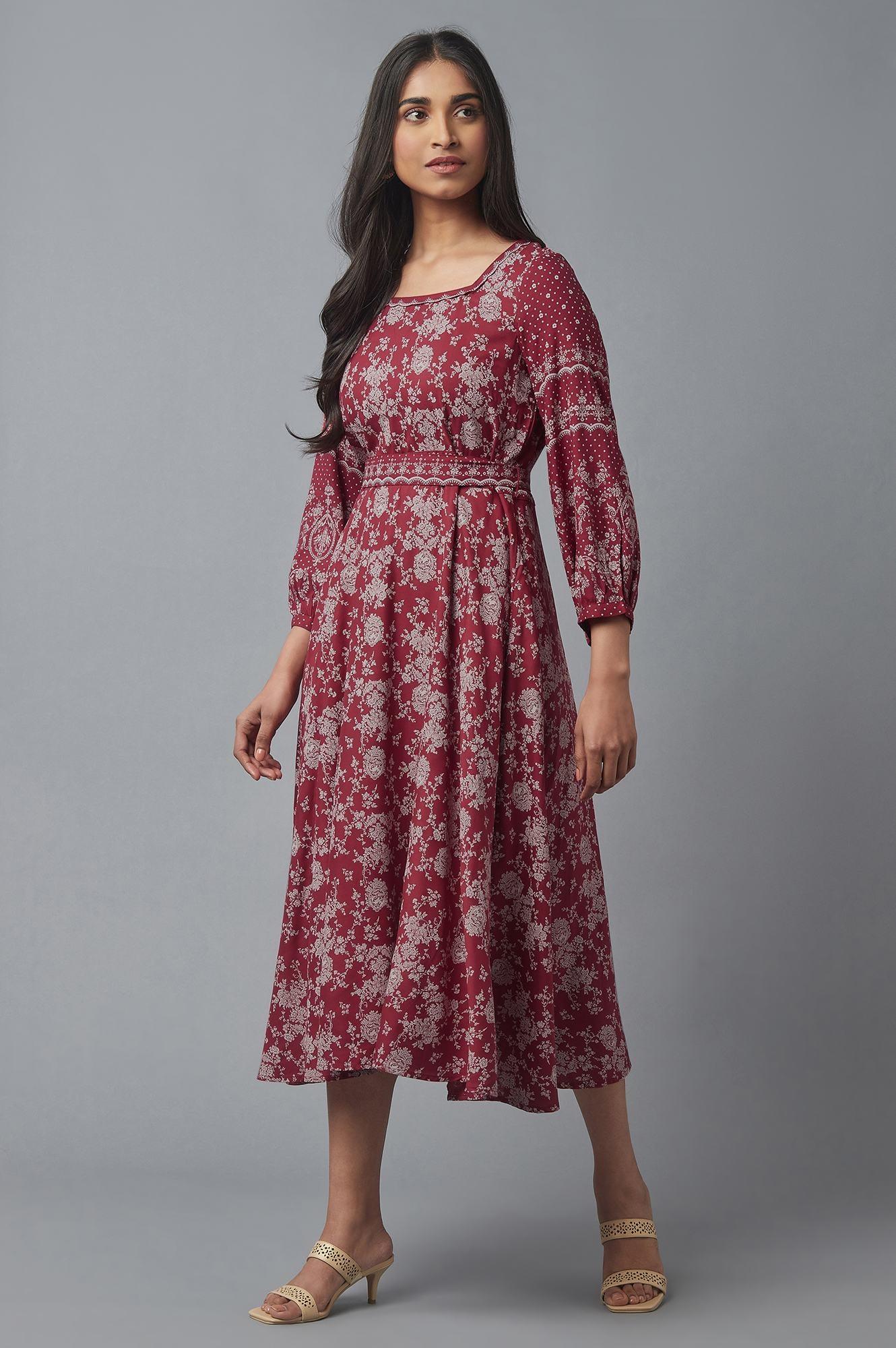 Deep Red Printed Flared Dress - wforwoman
