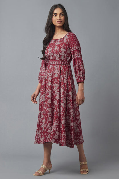 Deep Red Printed Flared Dress - wforwoman