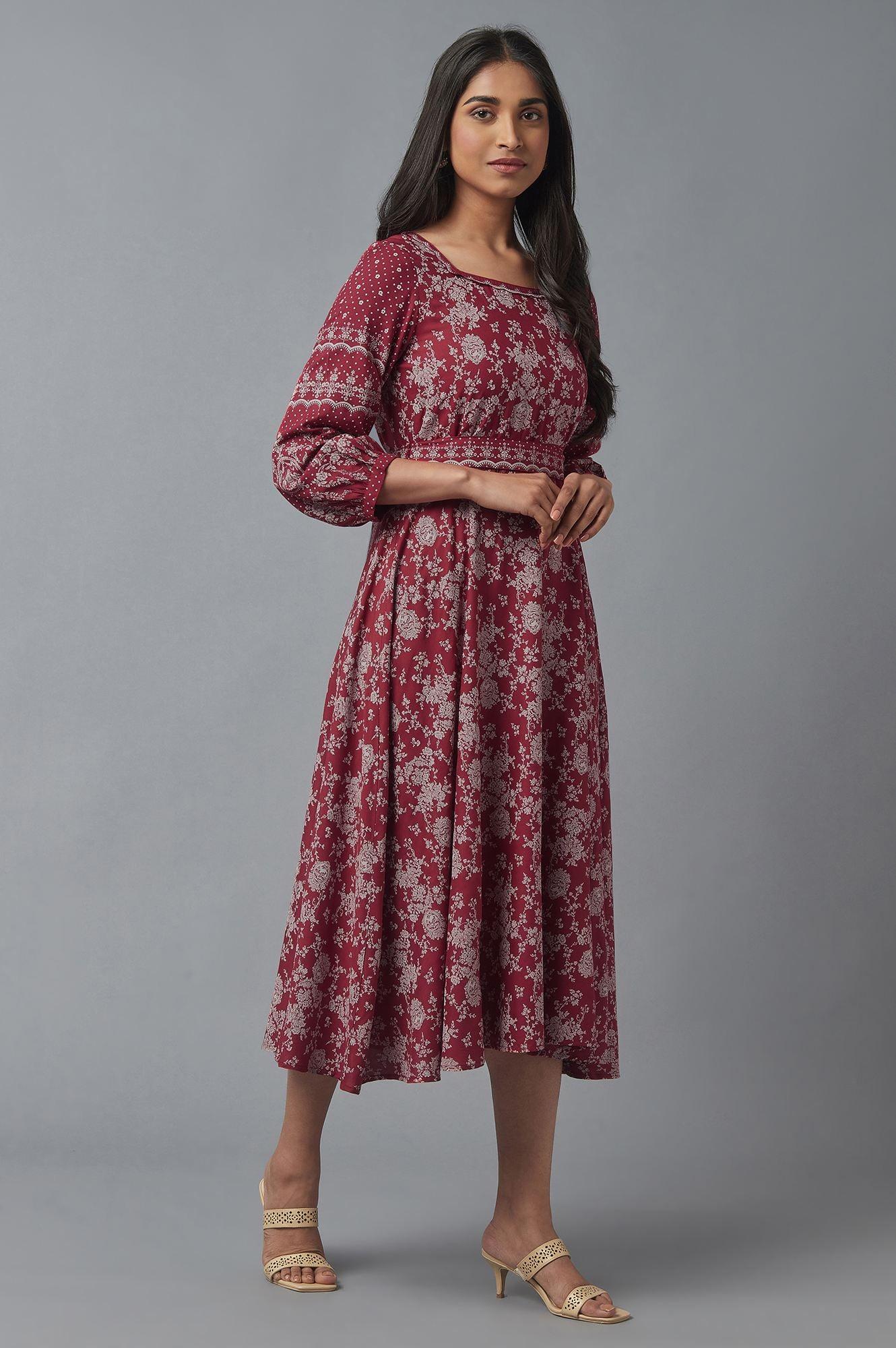 Deep Red Printed Flared Dress - wforwoman