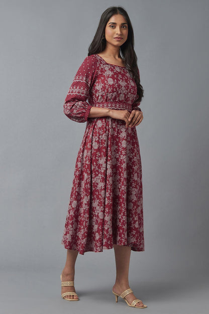 Deep Red Printed Flared Dress - wforwoman