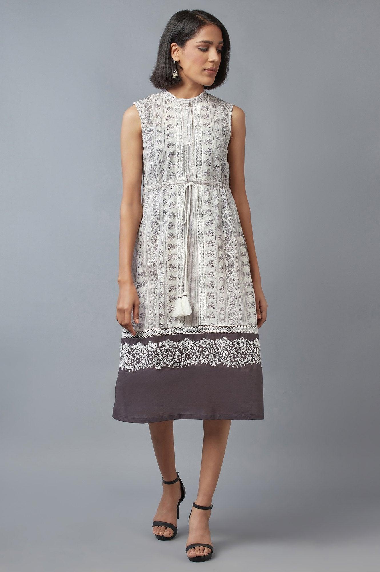 Prestine White and Opal Grey Printed Dress - wforwoman