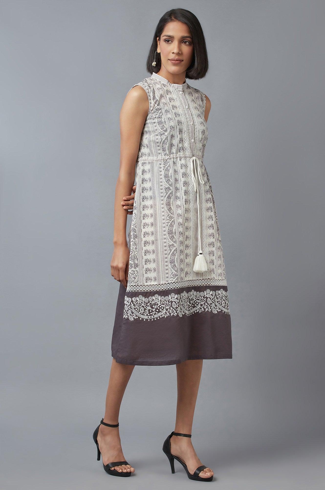 Prestine White and Opal Grey Printed Dress - wforwoman