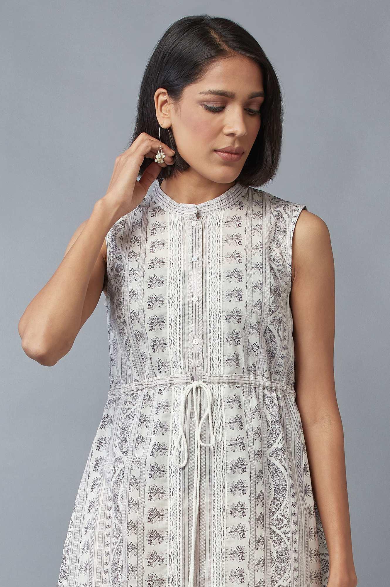 Prestine White and Opal Grey Printed Dress - wforwoman