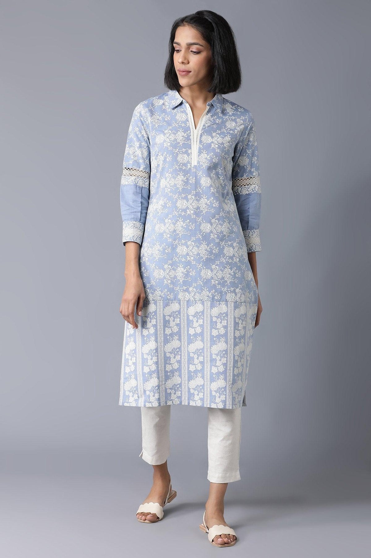Chambray Blue Floral Printed kurta - XS