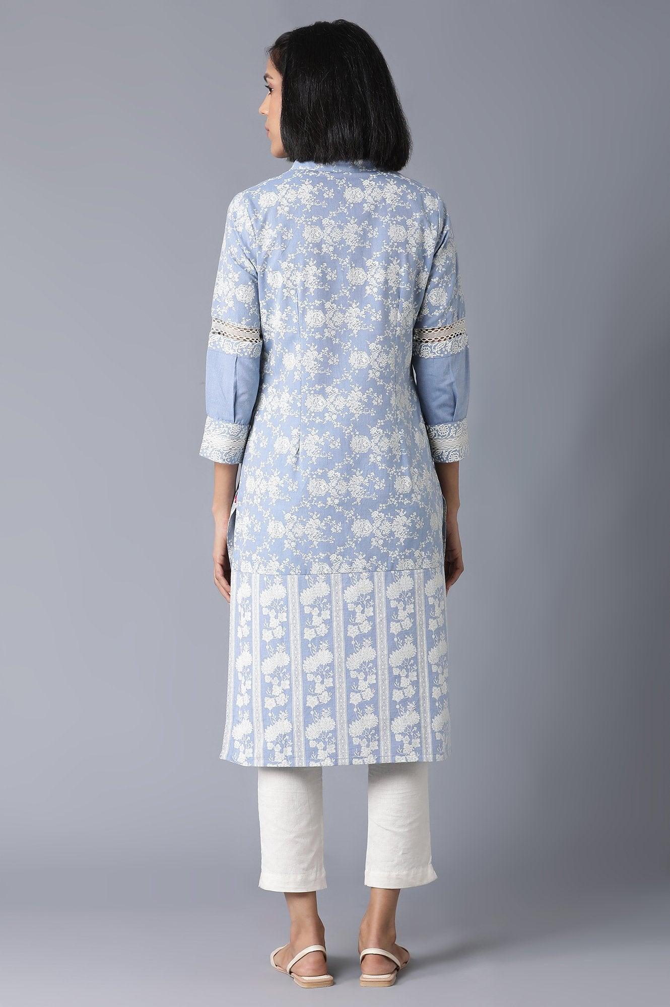 Chambray Blue Floral Printed kurta - wforwoman