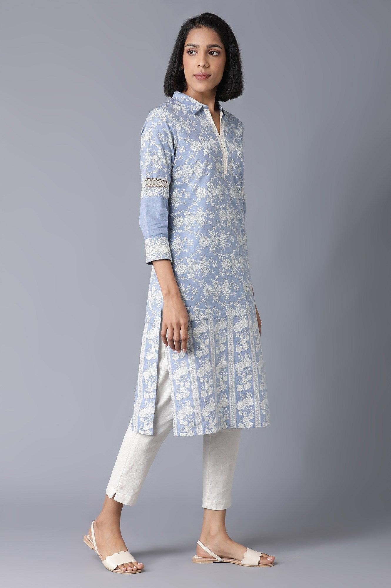 Chambray Blue Floral Printed kurta - wforwoman