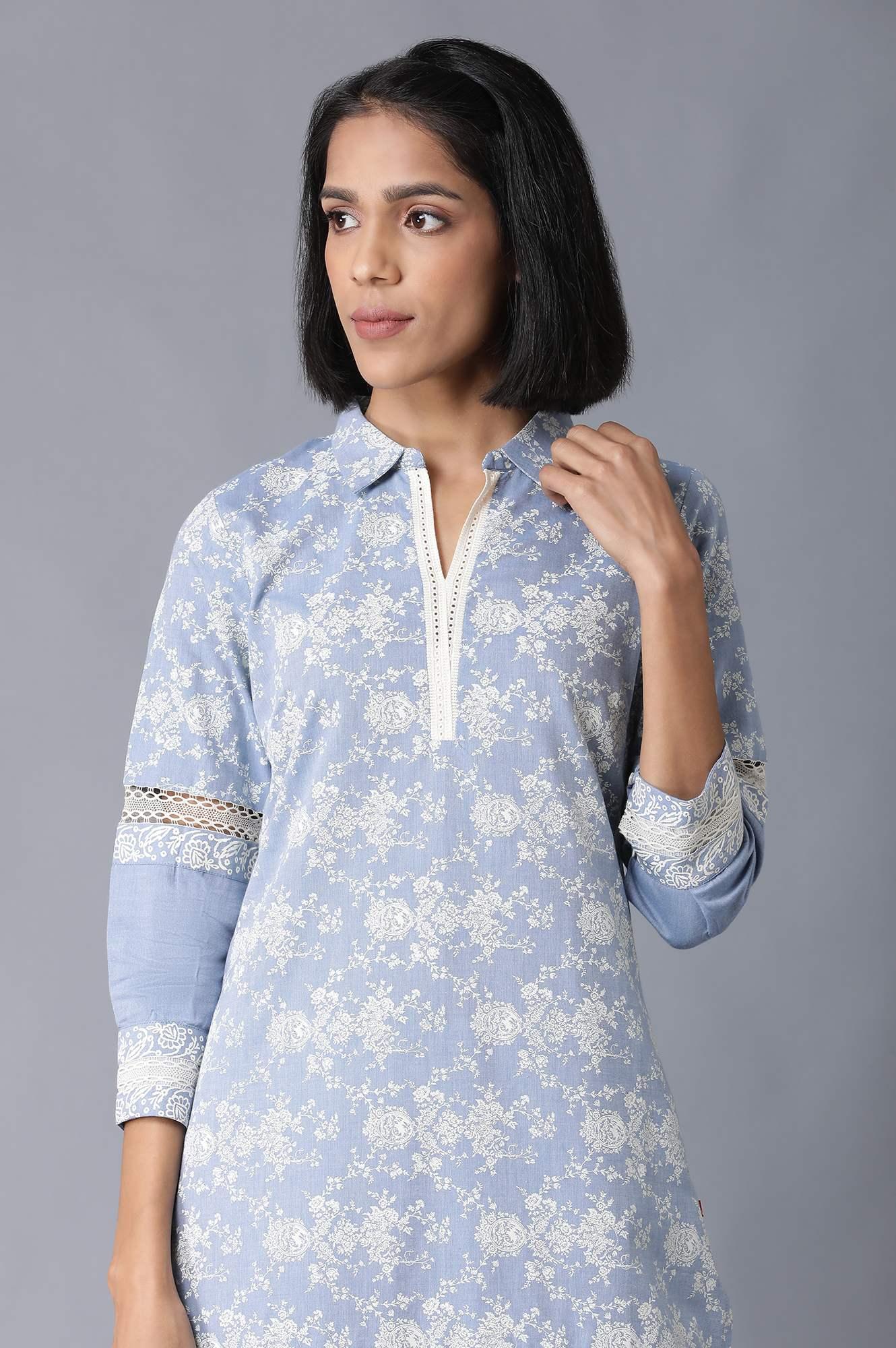 Chambray Blue Floral Printed kurta - wforwoman