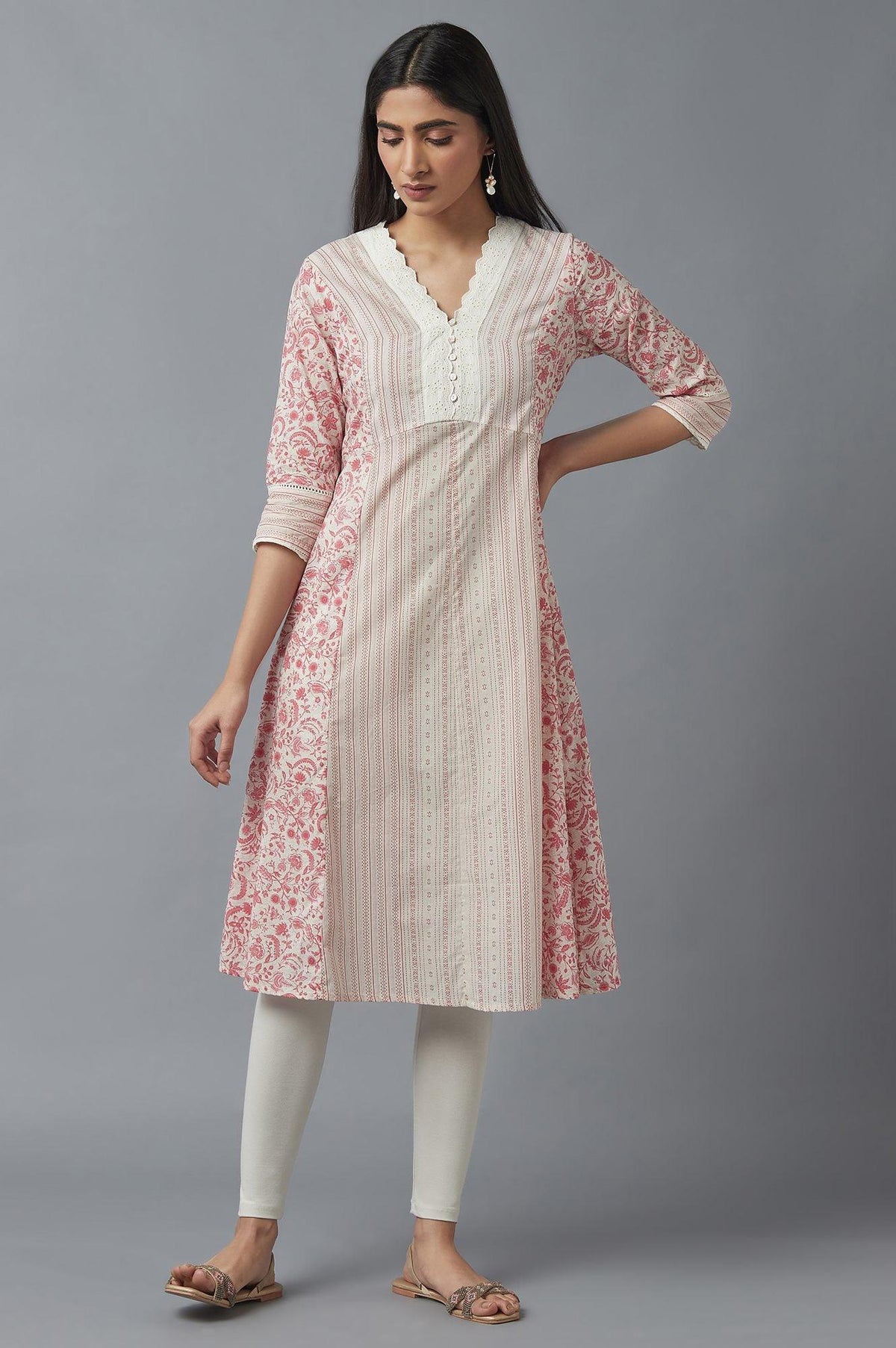 Ecru and Red A-line kurta - XS