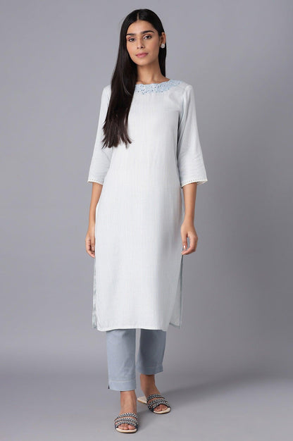Ecru and Light Blue Stripe Print kurta - wforwoman