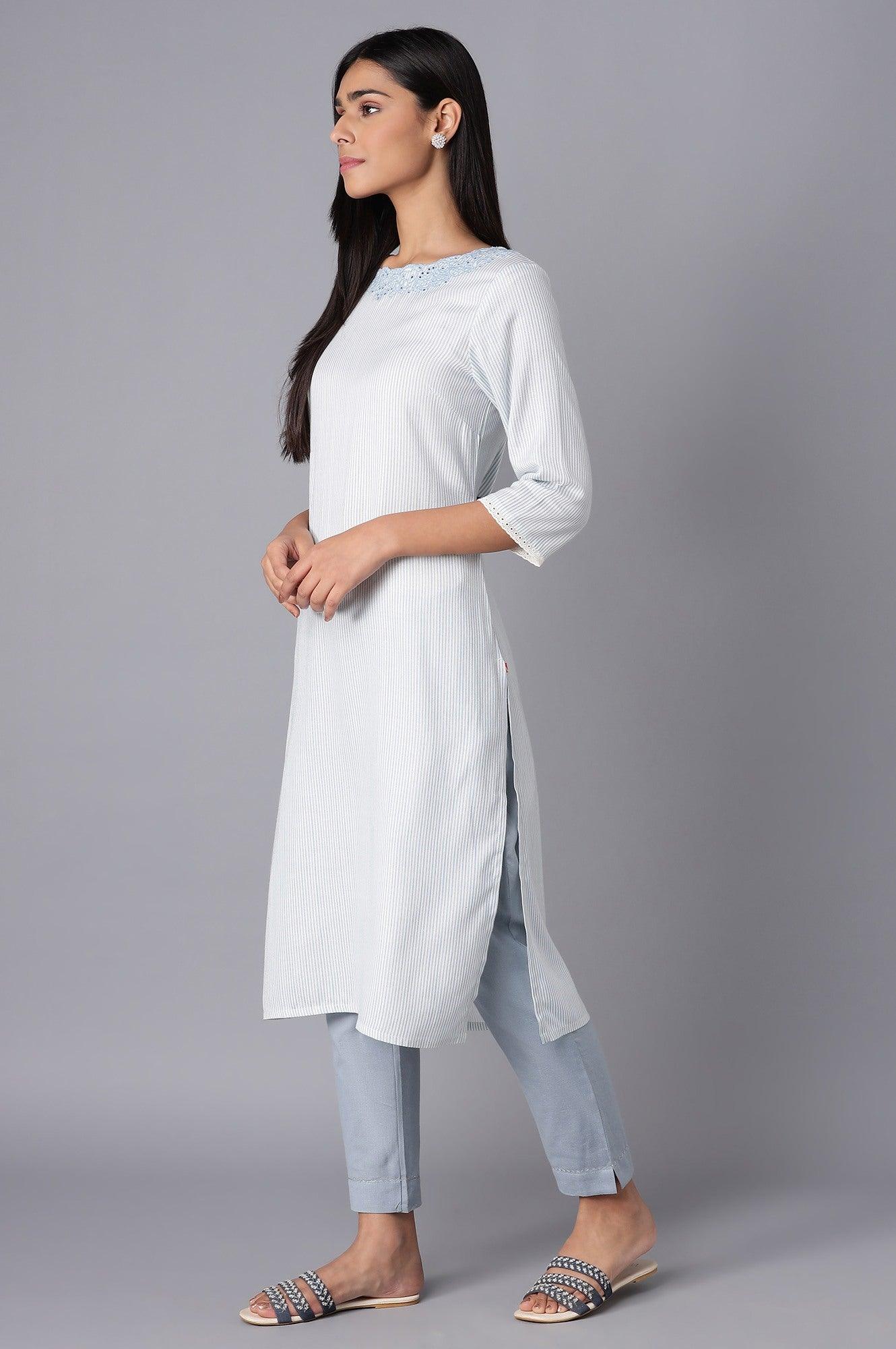 Ecru and Light Blue Stripe Print kurta - wforwoman