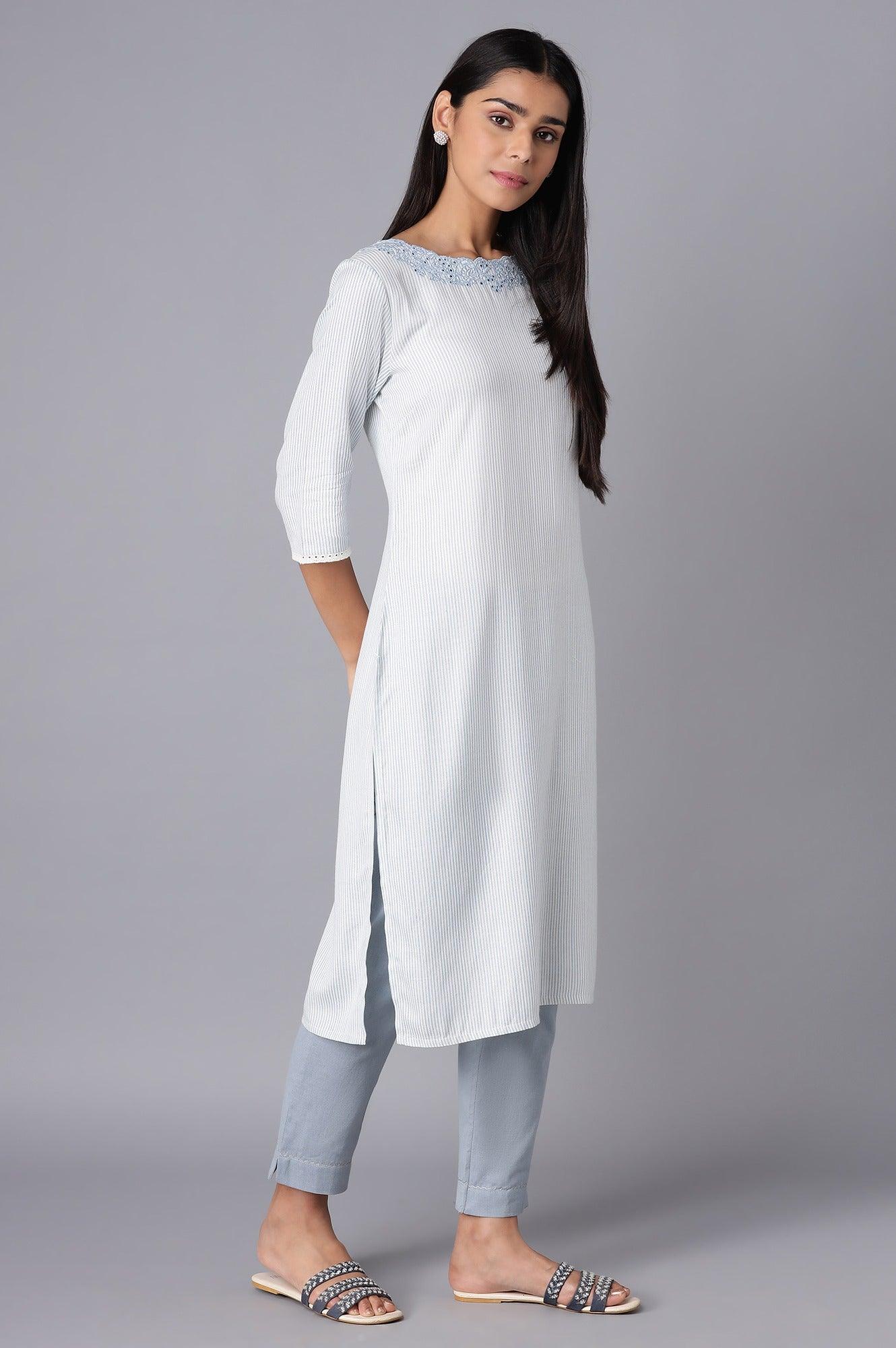 Ecru and Light Blue Stripe Print kurta - wforwoman