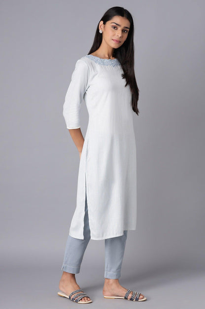 Ecru and Light Blue Stripe Print kurta - wforwoman