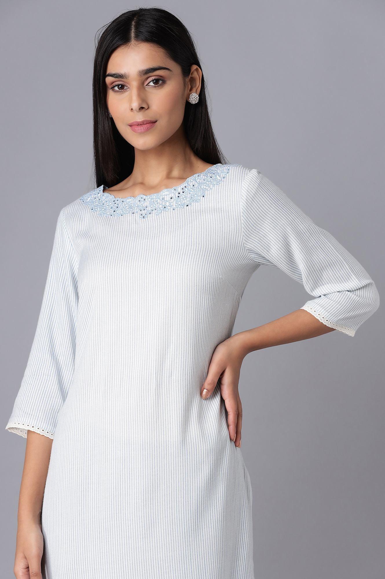 Ecru and Light Blue Stripe Print kurta - wforwoman