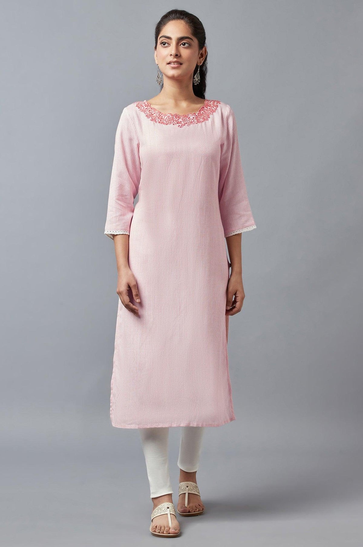 Ecru And Coral Stripe Print kurta - XS