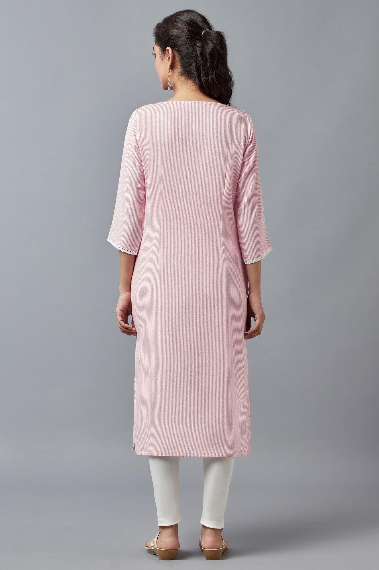 Ecru And Coral Stripe Print kurta - wforwoman