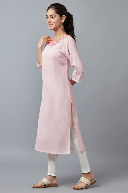Ecru And Coral Stripe Print kurta - wforwoman