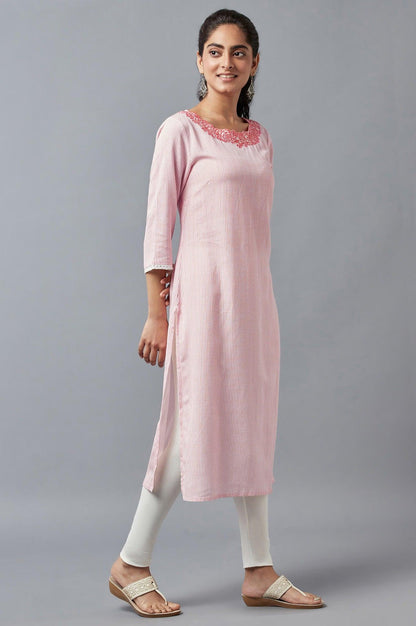 Ecru And Coral Stripe Print kurta - wforwoman
