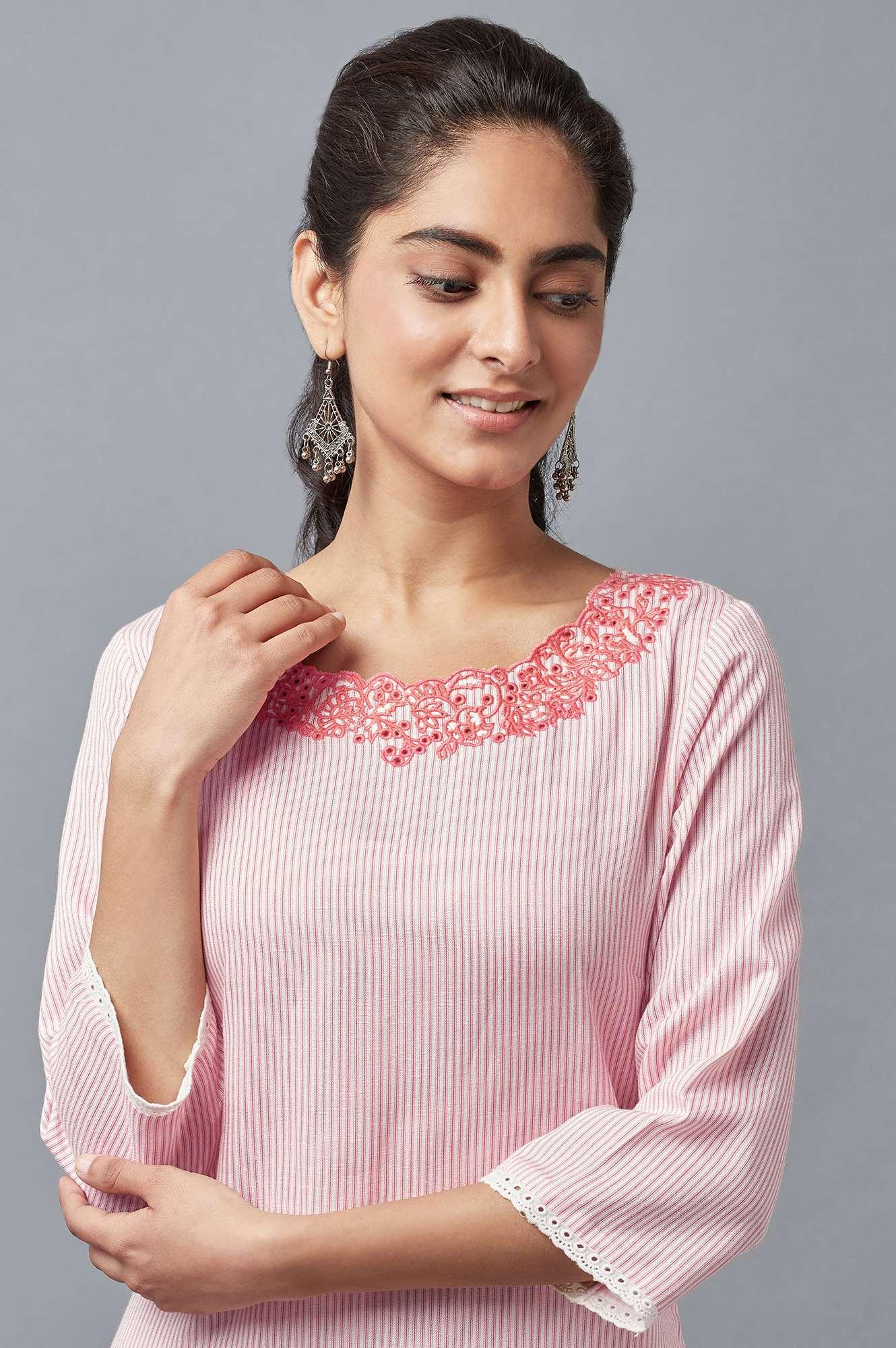 Ecru And Coral Stripe Print kurta - wforwoman