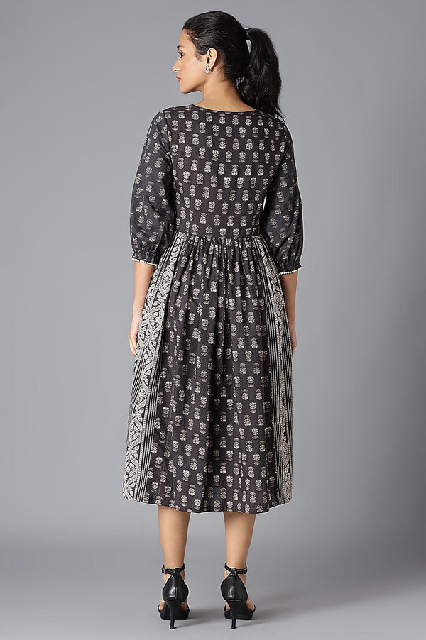 Black and White Smocked Cotton Midi Dress