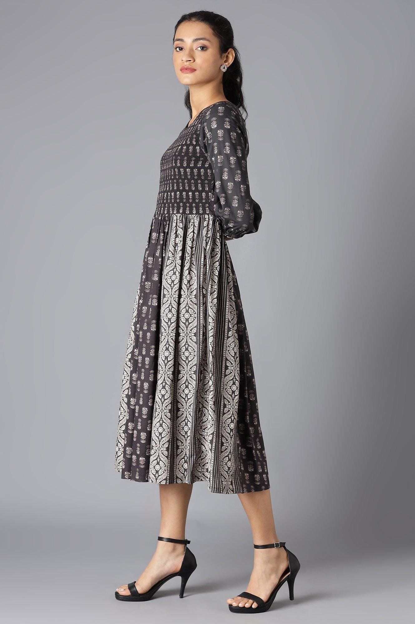 Black And White Printed Smocked Dress - wforwoman