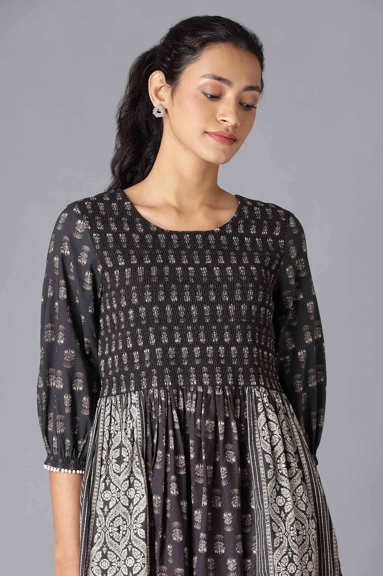 Black And White Printed Smocked Dress - wforwoman
