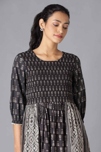 Black And White Printed Smocked Dress - wforwoman