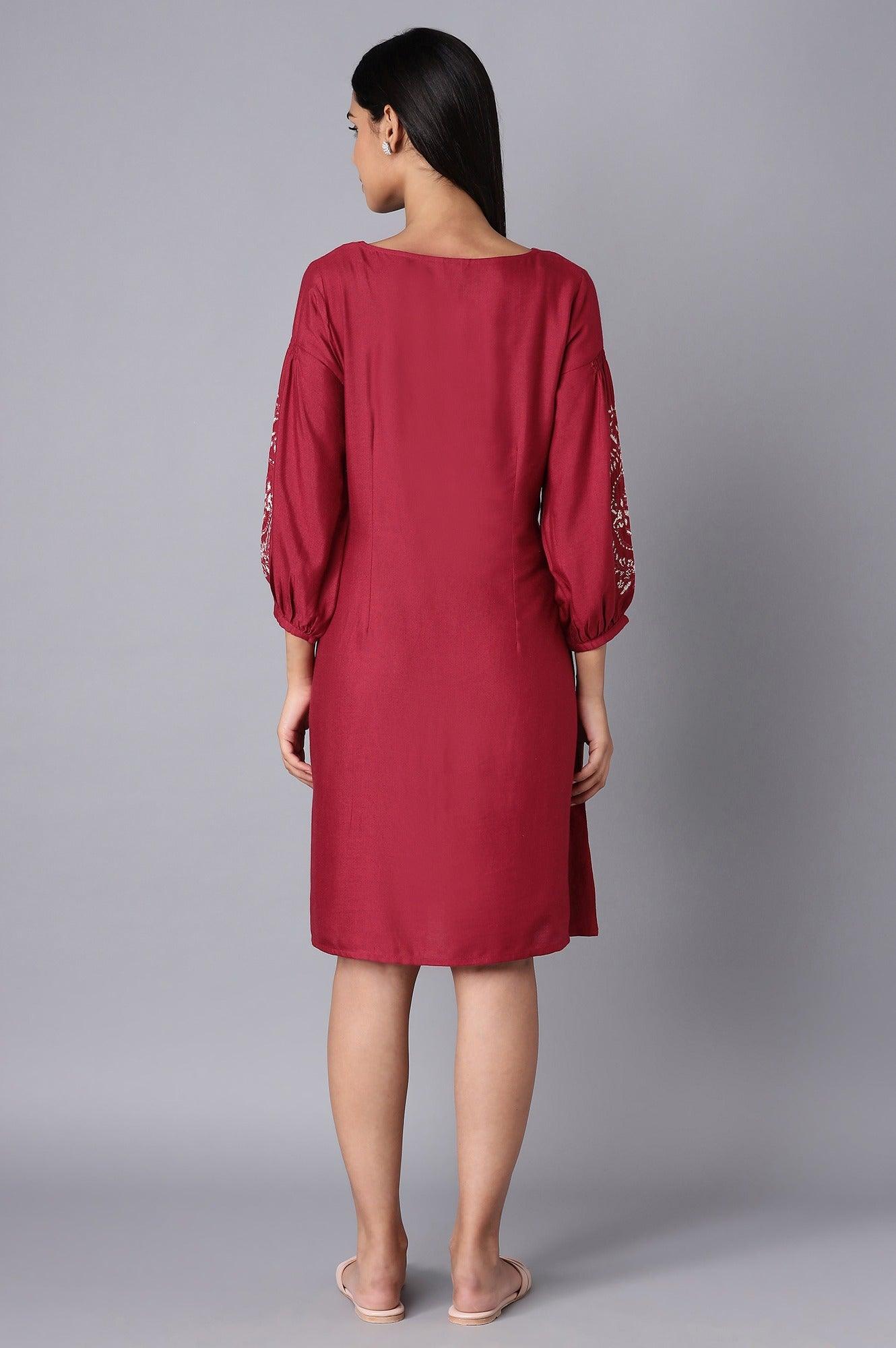Deep Red Embroidered Dress - wforwoman