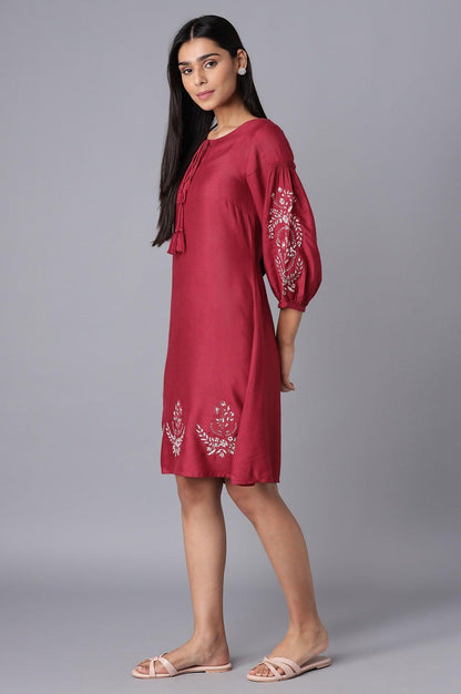 Deep Red Embroidered Dress - wforwoman