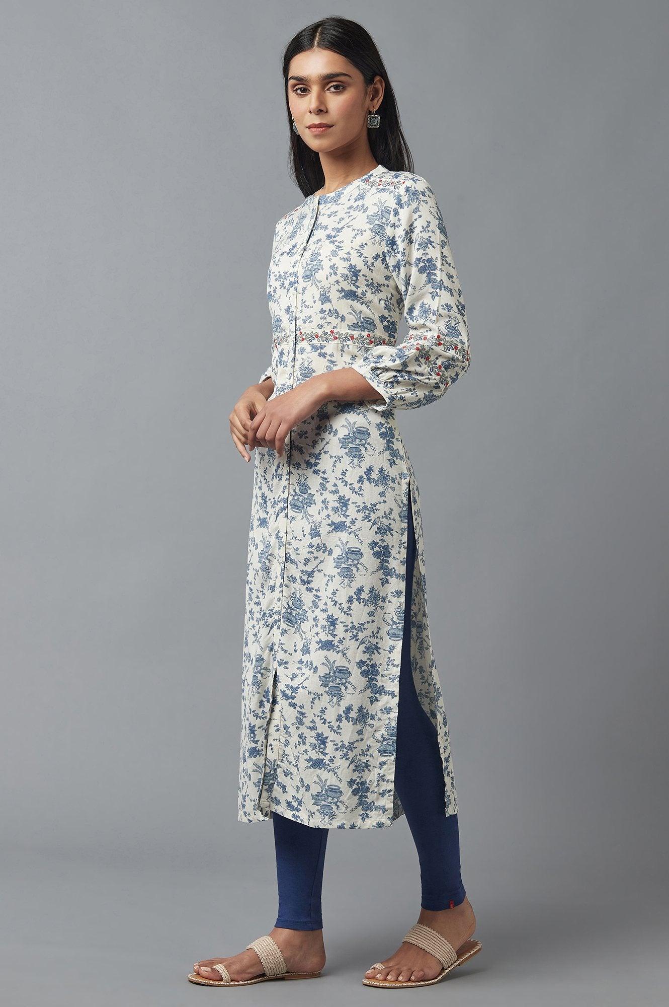 White and Blue Button Down kurta - wforwoman