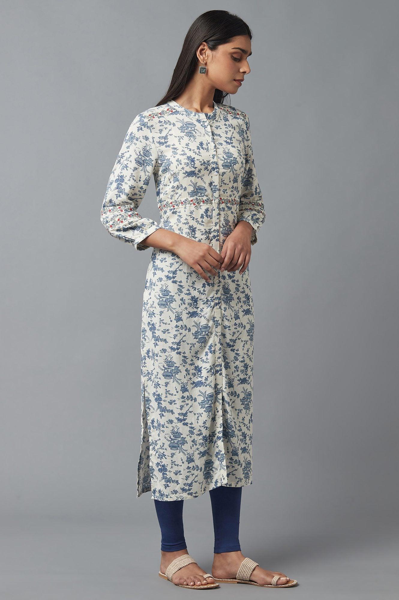 White and Blue Button Down kurta - wforwoman