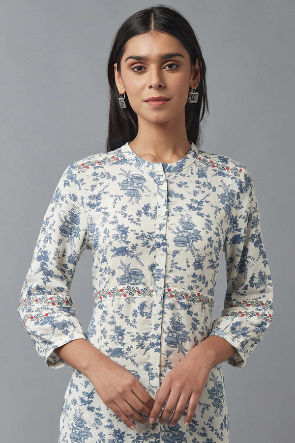Ecru Floral Printed Thread Embroidered Rayon Flax Straight Kurta and Jegging Set