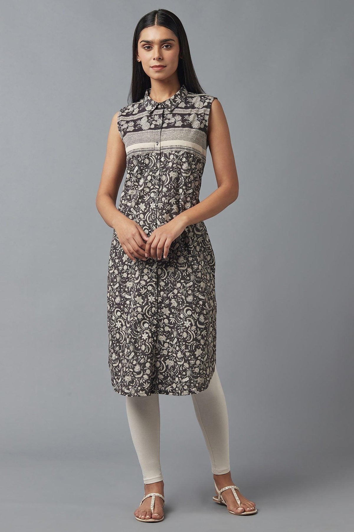 Black and White Shirt Collar kurta - XS