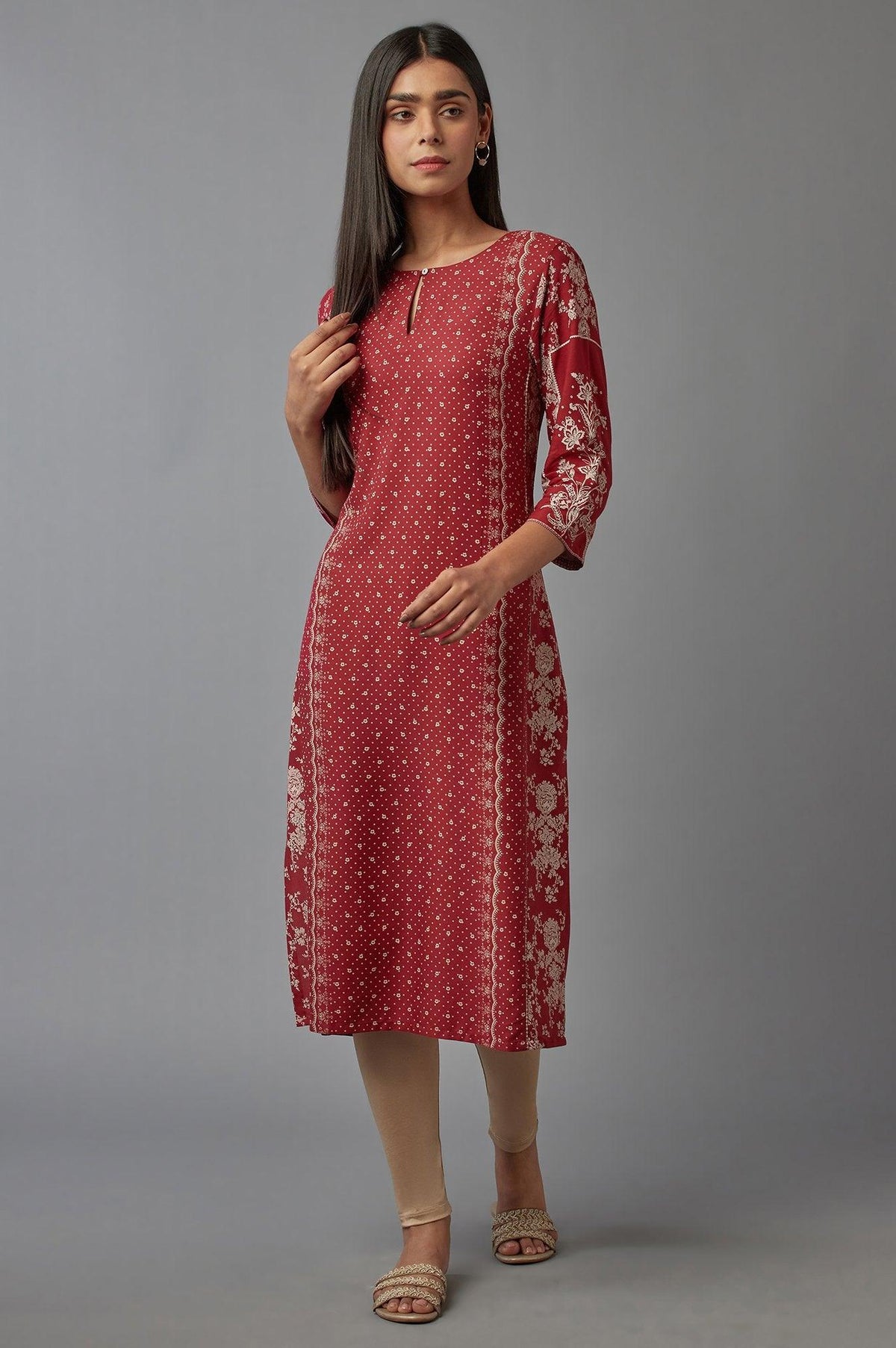 Deep Red Printed kurta - XS