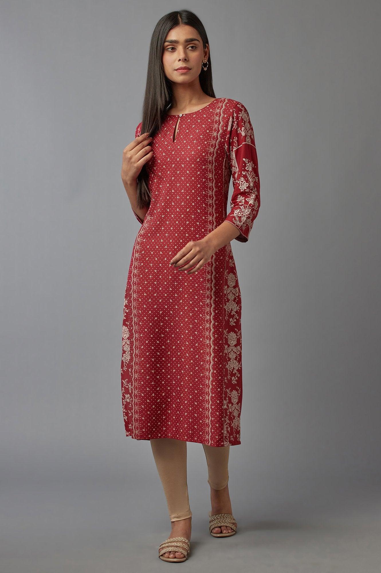 Deep Red Printed kurta - wforwoman
