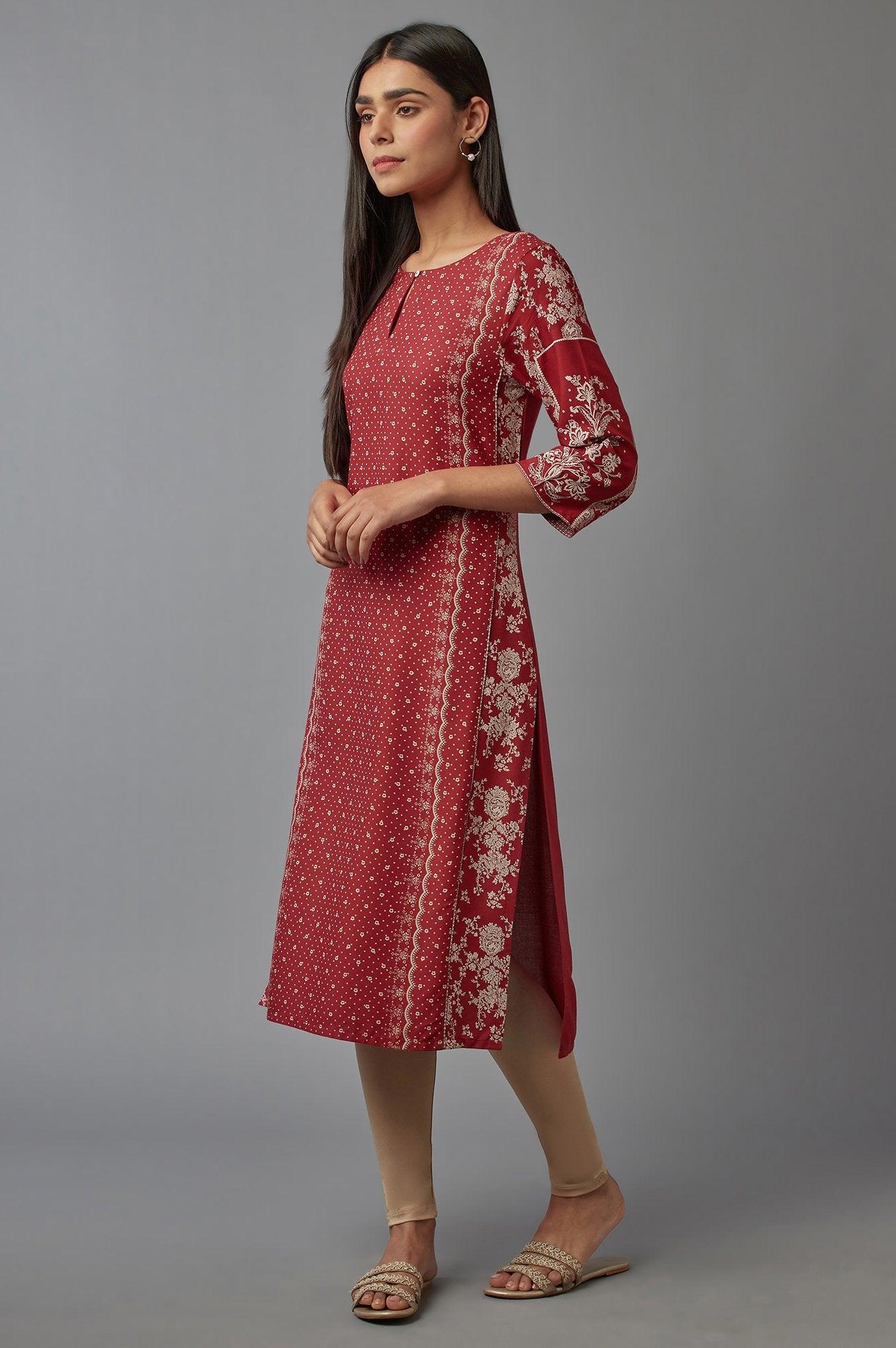 Deep Red Printed kurta - wforwoman