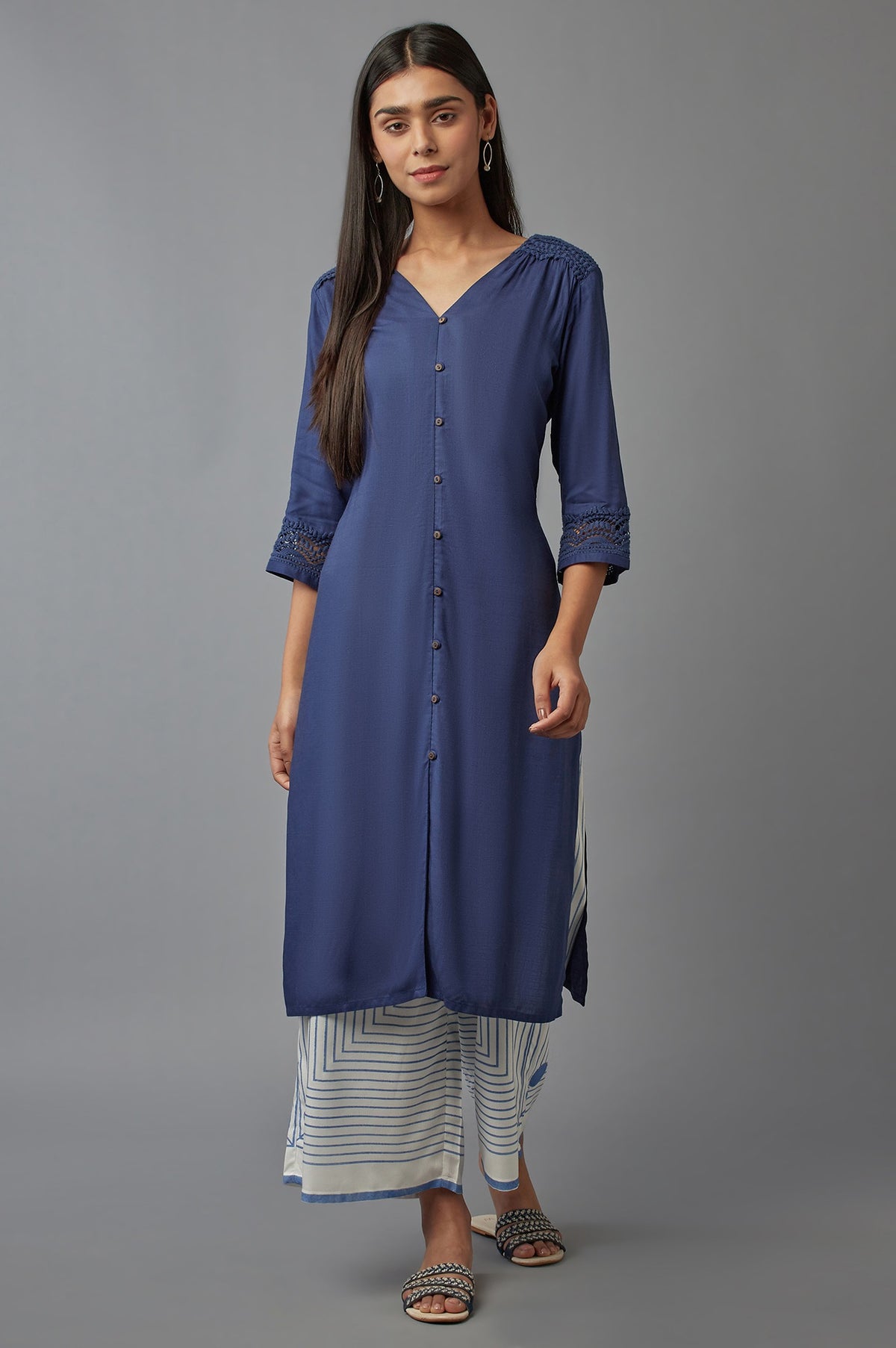 Navy Blue Button Down kurta - XS